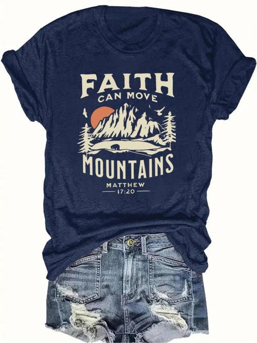 Women's "FAITH CAN MOVE MOUNTAINS" Letter & Landscape Print Round Neck Graphic Tee, Vintage Trendy Casual Short Sleeve...