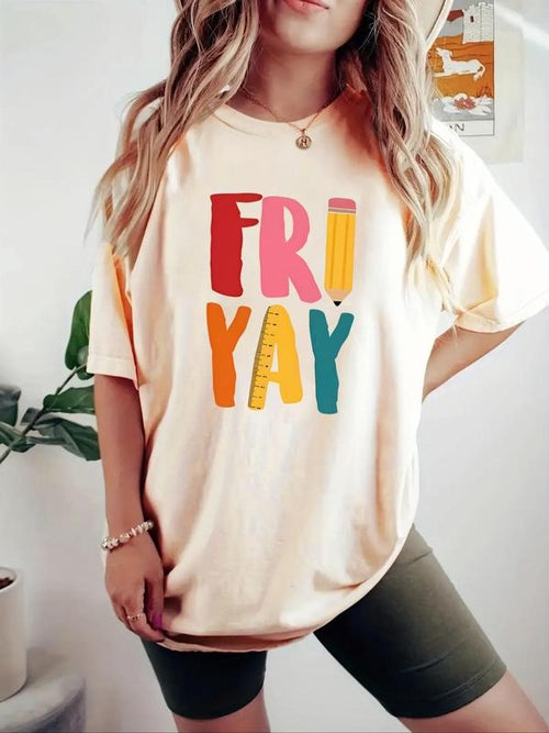 Women's "FRIDAY YAY" Print Round Neck Graphic Tee, Vintage Trendy Casual Short Sleeve T-shirt for Daily Wear, Ladies All...