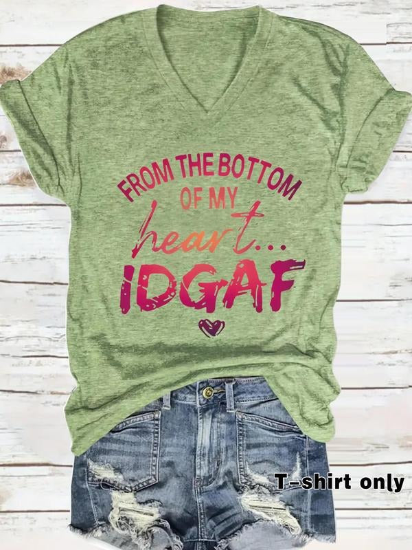 Women's "FROM THE BOTTOM OF MY HEART" V Neck Tee, Casual Fashion Short Sleeve T-shirt for Daily Wear, Ladies Clothes for...