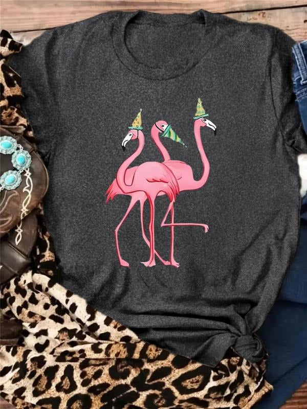 Women's  Flamingo Print Round Neck Tee, Cute Casual Short Sleeve  T-shirt for Daily Holiday Vacation Wear, Ladies Summer...