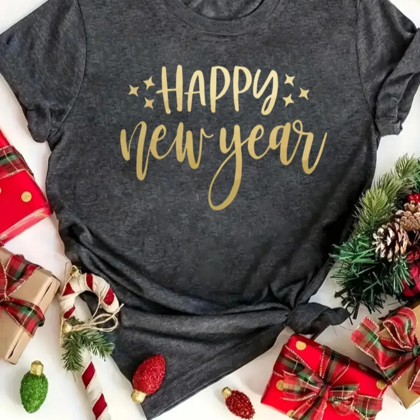 Women's "Happy New Year" Print Round Neck Tee, Casual Short Sleeve Crew Neck T-shirt for Daily Holiday Vacation Outdoor...