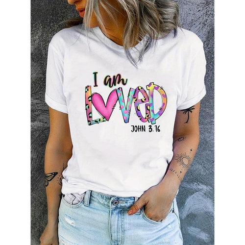 Women's "I Am Loved" John 3:16 Colorful Leopard & Floral Letter Print T-Shirt