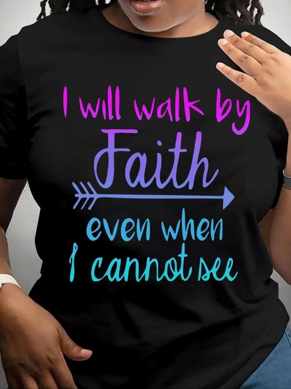 Women's "I WILL WALK BY MY FAITH" Letter Print Round Neck Tee, Vintage Trendy Casual Short Sleeve T-shirt for Daily Wear,...