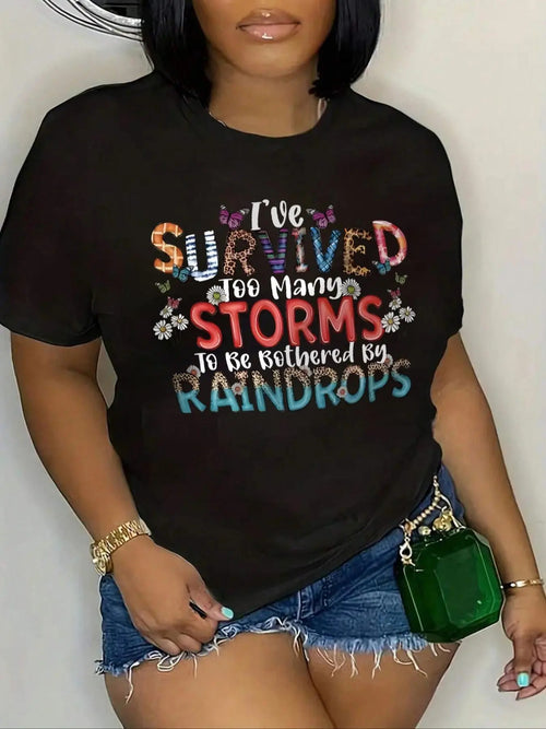 Women's "I've Survived Too Many Storms, to Be Bothered by Raindrops" Slogan Print Round Neck Tee, Vintage Trendy Casual...