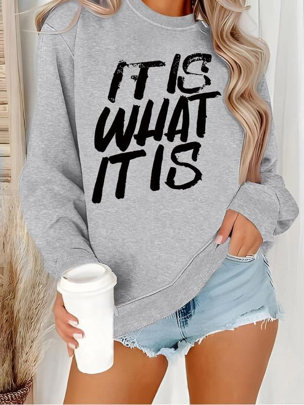 Women's "ITS WHAT ITS" Print Crew Neck Sweatshirt, Casual Long Sleeve Pullover for Fall & Winter, Women's Clothes for...