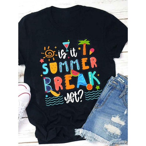 Women's "Is It Summer Break Yet?" Graphic T-Shirt - Colorful Summer Design with Fashion Glasses, Palm Trees & Beach...