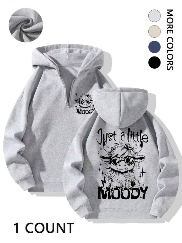 Women's "Just a Little Moody" Cow Graphic Half-Zip Hoodie - Oversized Fleece-Lined Sweatshirt with Multiple Colors T-Shirts