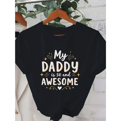 Women's "My Daddy is 50 & Awesome" Graphic T-Shirt - Vibrant Red Pure Cotton Comfort Fit Short Sleeve Round Neck Casual...