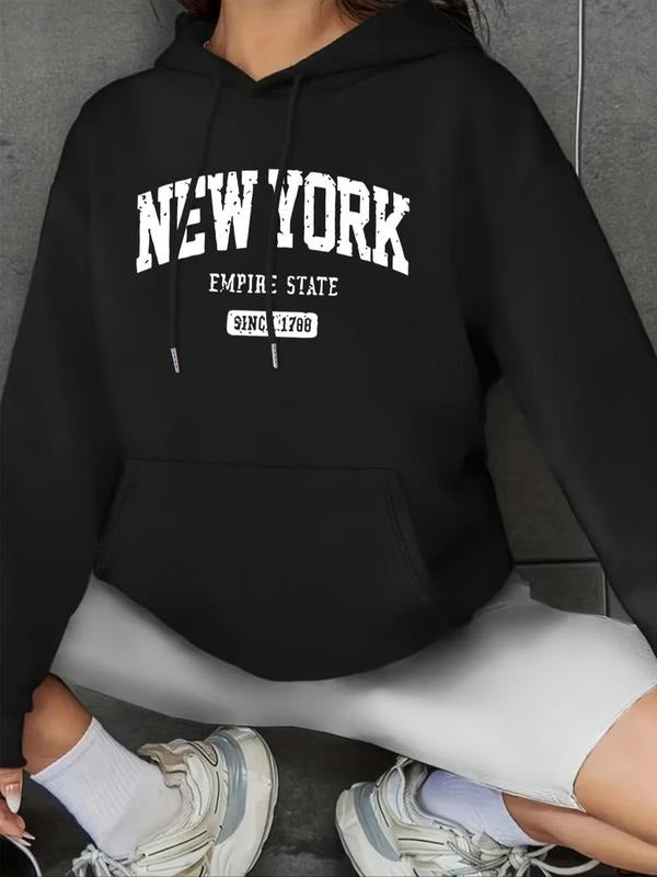 Women's "NEW YORK" Letter & Number Print Drop Shoulder Hoodie, Fashion Casual Drawstring Pocket Hooded Sweatshirt for...