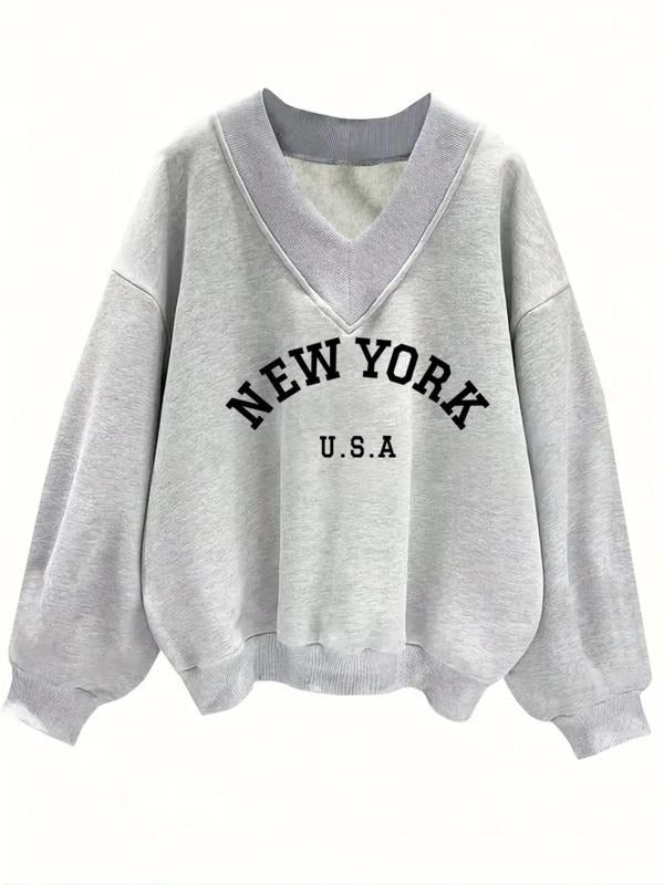Women's "NEW YORK" Print V Neck Pullover Sweatshirt, Casual Loose Long Sleeve Jumper for Fall & Winter, Women's Knitwear...