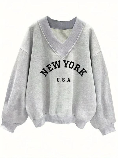 Women's "NEW YORK" Print V Neck Pullover Sweatshirt, Casual Loose Long Sleeve Jumper for Fall & Winter, Women's Knitwear...