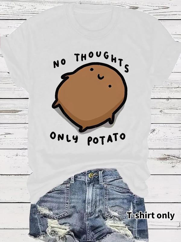 Women's "NO THOUGHTS ONLY POTATO" Slogan Print Round Neck Tee, Fashion Casual Crew Neck T-shirt for Daily Holiday...