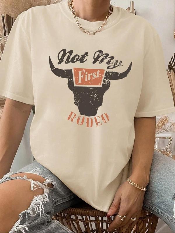 Women's "Not My First Rodeo" Slogan Print Round Neck Tee, Women's Bull Letter Print Round Neck Graphic Tee, Vintage...