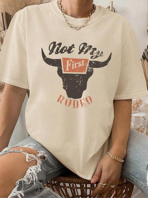 Women's "Not My First Rodeo" Slogan Print Round Neck Tee, Women's Bull Letter Print Round Neck Graphic Tee, Vintage...