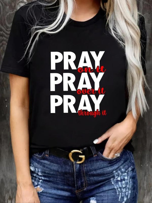 Women's "PRAY" Letter Print Round Neck Tee, Casual Short Sleeve T-shirt for Daily Wear, Ladies Summer Outfit Hoodie,...