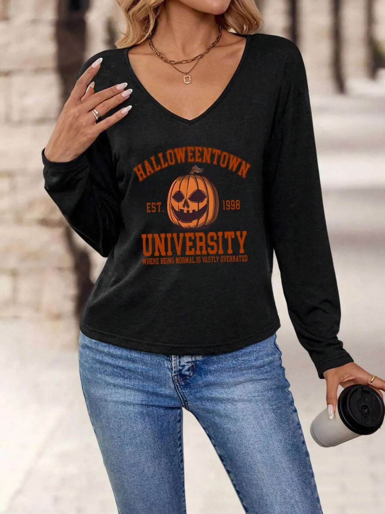 Women's  Pumpkin & Letter Print V Neck Tee, Casual Long Sleeve T-shirt for Spring & Fall, Women's Top for Daily Wear...