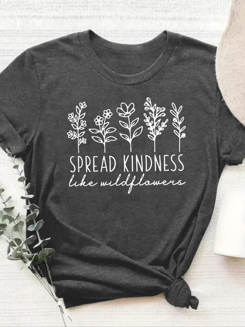 Women's "SPREAD KINDNESS" Letter & Plant Print Short Sleeve Tee, Casual Round Neck Graphic T-shirt for Summer, Fashion...