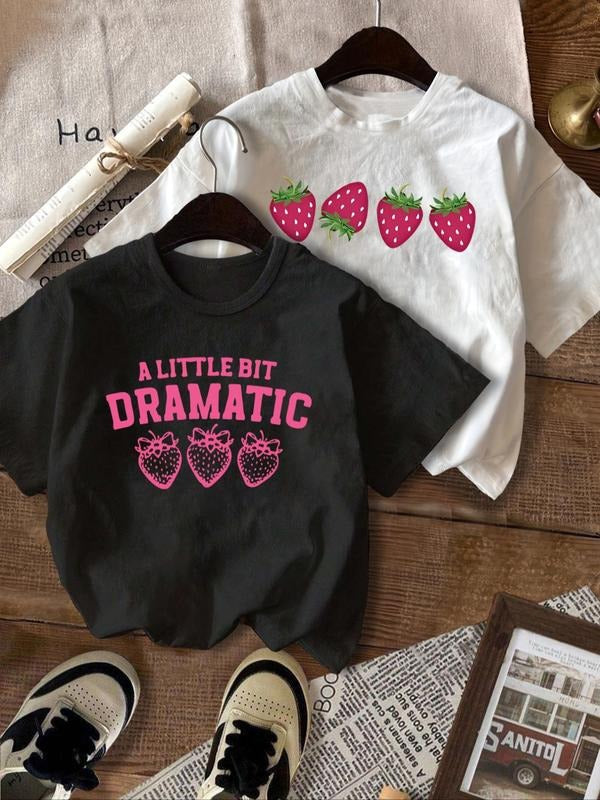 Women's  Strawberry & Letter Graphic Short Sleeve Tee, Round Neck T-shirt for Summer, Fashion Casual Women's Top for...