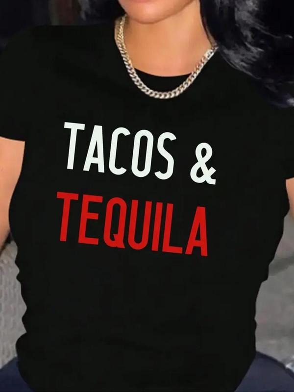 Women's "TACOS & TEQUILA" Letter Print Round Neck Tee, Trendy Casual Short Sleeve T-Shirt for Daily Wear, Ladies Summer...
