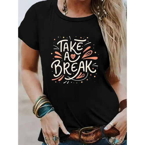 Women's 'Take a Break' Graphic Tee - Casual Black Round Neck Short Sleeve T-Shirt with Colorful Print, Lightweight &...