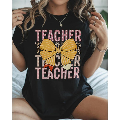 Women's "Teacher" Graphic T-Shirt with Bow & Pencil Design