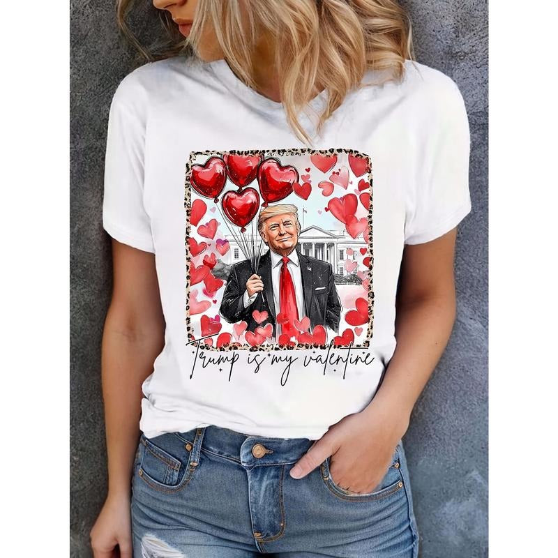 Women's "Trump is My Valentine" Graphic Tee - Gray Short-Sleeve Crewneck Casual Top with Heart & Trump Design, Polyester...