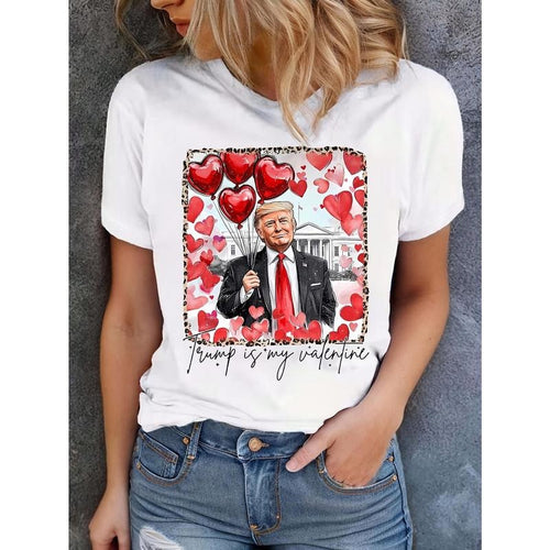 Women's "Trump is My Valentine" Graphic Tee - Gray Short-Sleeve Crewneck Casual Top with Heart & Trump Design, Polyester...