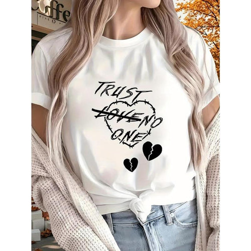 Women's "Trust No One" Graphic T-Shirt - White Short Sleeve Crewneck with Heart Design, Casual All-Season Top for...