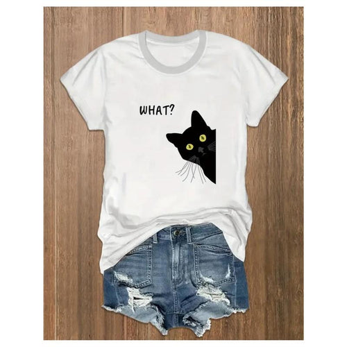 Women's "What? Cat" Graphic T-Shirt | 100% | Casual Round Neck Short Sleeve Tee with Black Cat Design | All-Season...