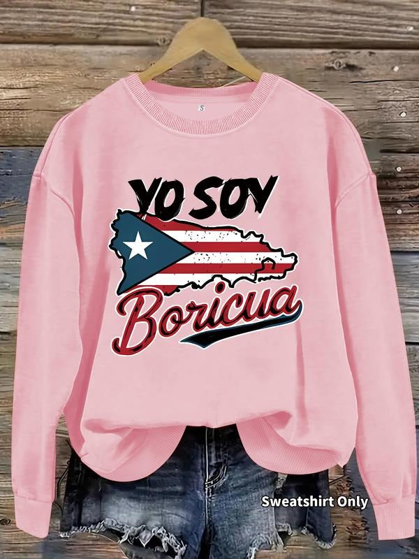 Women's "YO SOY" Print Crew Neck Sweatshirt, Casual Long Sleeve Pullover for Daily Wear, Ladies Clothes for Fall &...