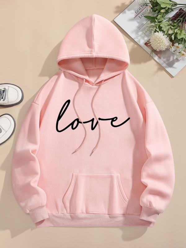 Women's "love" Print Drawstring Pocket Hoodie, Casual Drop Shoulder Long Sleeve Hooded Sweatshirt, Ladies Fall & Winter...
