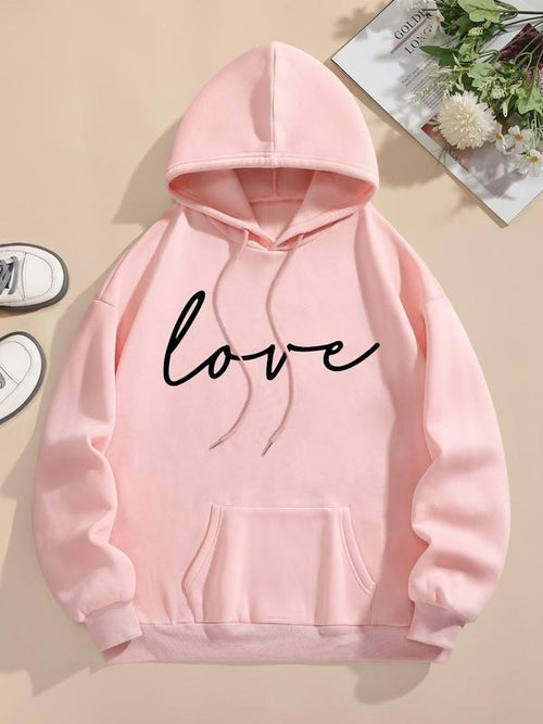 Women's "love" Print Drawstring Pocket Hoodie, Casual Drop Shoulder Long Sleeve Hooded Sweatshirt, Ladies Fall & Winter...