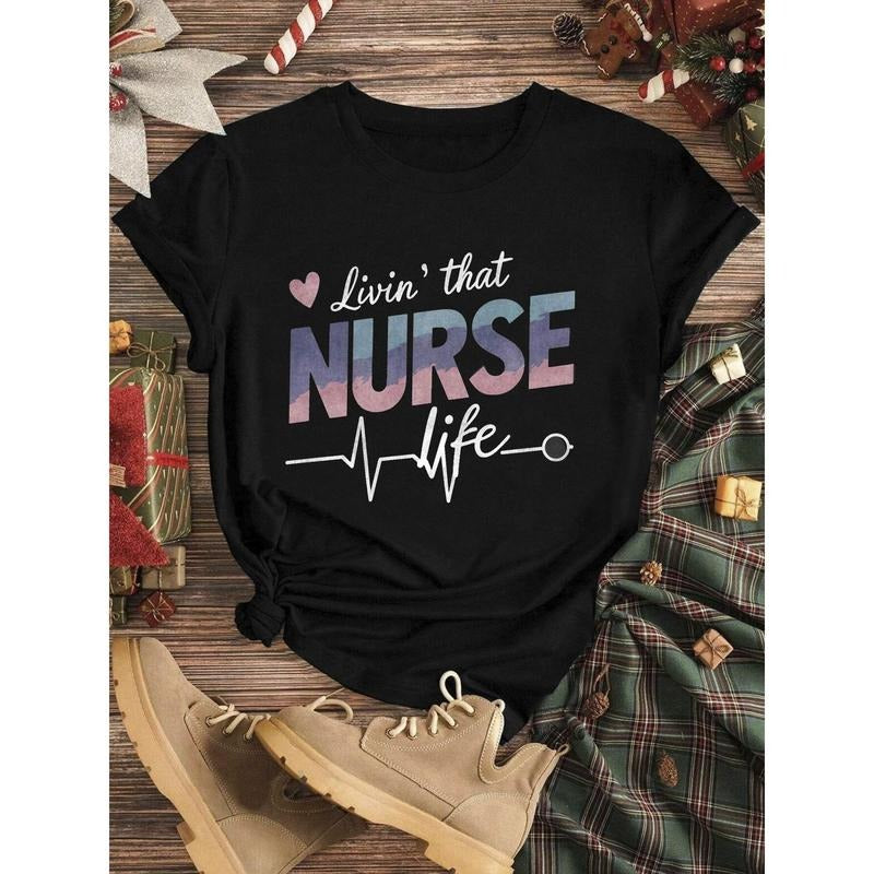 Women's 100% Cotton "Living a Nurse Life" Graphic T-Shirt - Soft Breathable Relaxed Fit Short Sleeve Tee with Heart &...