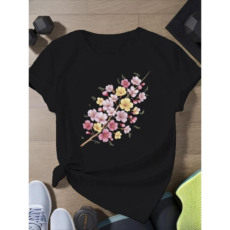 Women's 100% Cotton Cherry Blossom Print T-Shirt - Relaxed Fit Lightweight Breathable Short Sleeve Top for All-Season...
