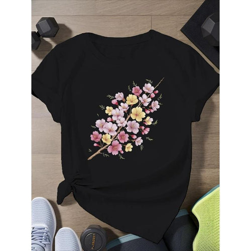 Women's 100% Cotton Cherry Blossom Print T-Shirt - Relaxed Fit Lightweight Breathable Short Sleeve Top for All-Season...