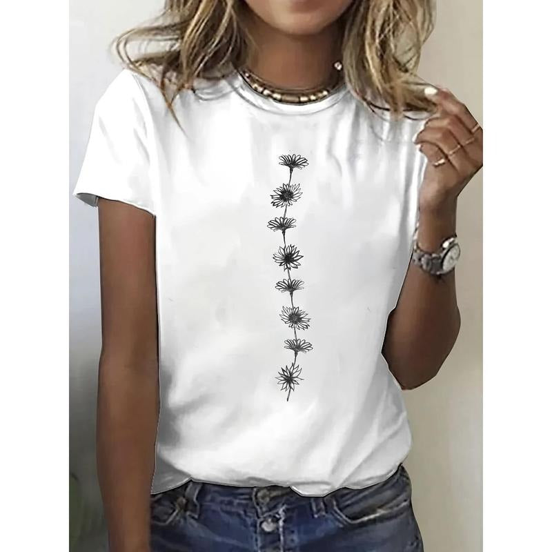 Women's 100% Cotton Floral Print Round Neck Short Sleeve T-Shirt - Relaxed Fit Breathable Summer Tee for Hiking, Camping...