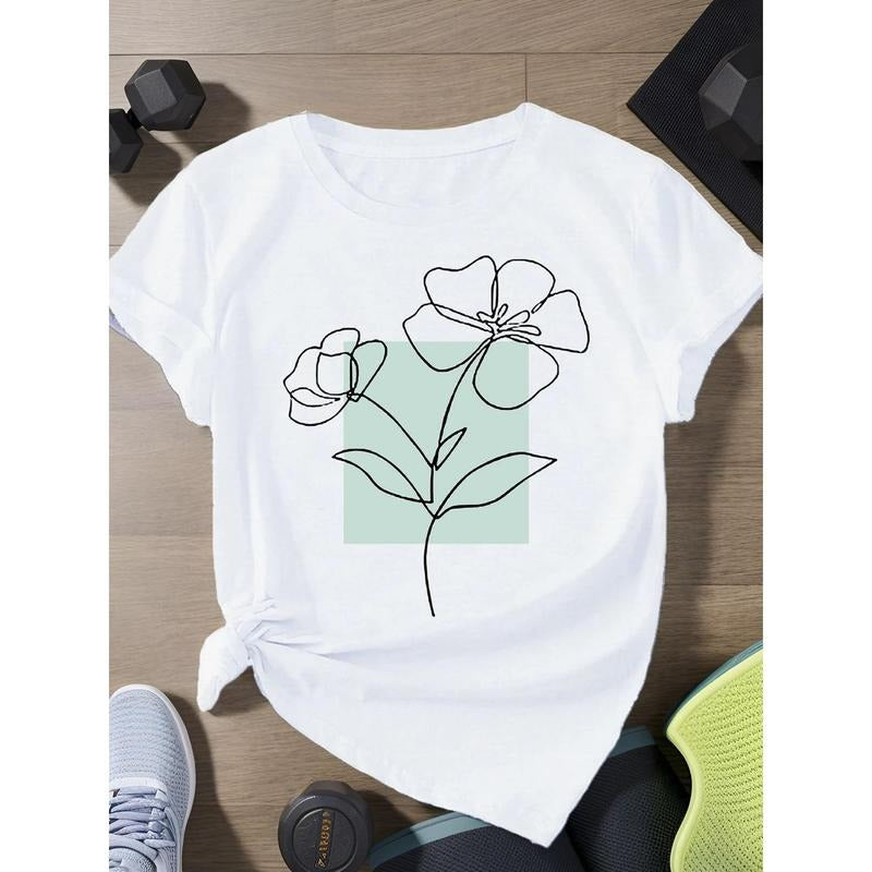 Women's 100% Cotton Floral Print T-Shirt - Lightweight Breathable Loose Fit Round Neck Short Sleeve, All-Season Casual...