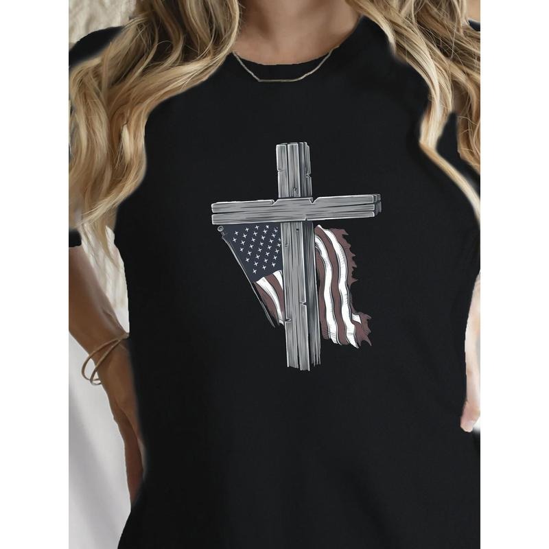 Women's 100% Cotton Patriotic Wooden Cross & American Flag Print T-Shirt - Breathable Relaxed Fit Round Neck Short Sleeve...