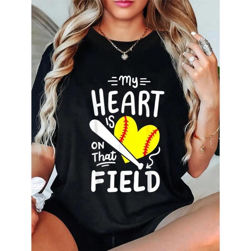 Women's 100% Cotton Softball Mom Grandma My Heart Is On That Field Graphic Print Crew Neck Short Sleeve T-Shirt Black...