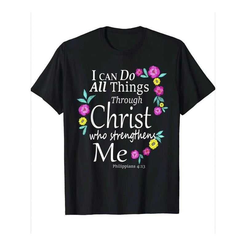 Women's 100% Cotton T-Shirt with Inspirational Philippians 4:13 & Floral Geometric Print - Breathable Round Neck Short...