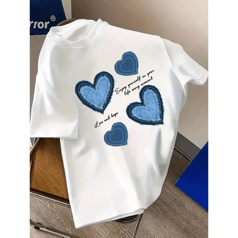 Women's 100% T-Shirt | Casual Round Neck | Short Sleeve | White with Blue Heart Graphics & Inspirational Quote | Machine...