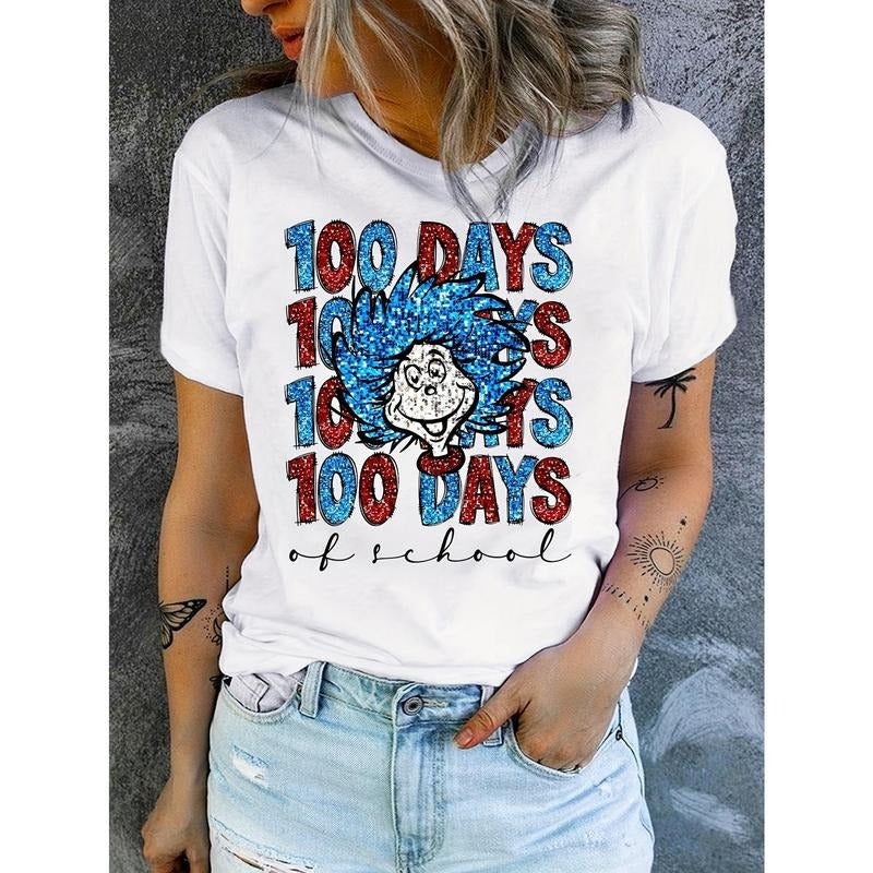 Women's 100 Days of School Graphic T-Shirt, Soft Polyester Knit Fabric, Casual Crew Neck Short Sleeve Tee with Bold...
