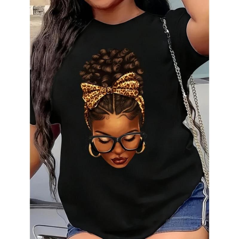 Women's 180g Black Cotton Crewneck Short Sleeve T-Shirt with African American Inspired Print featuring Luxurious Curls &...