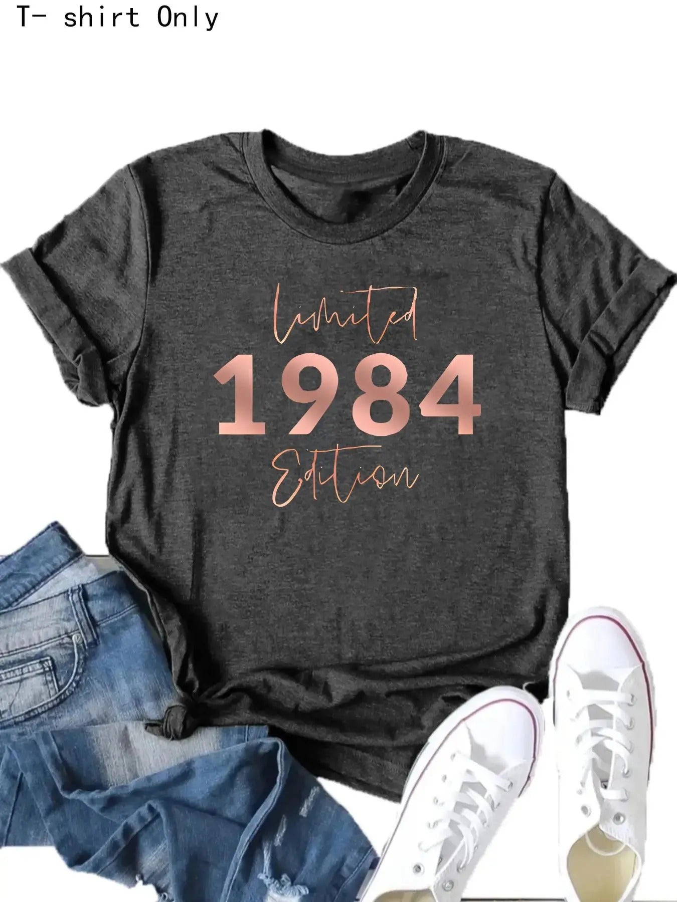 Women's 1984 Letter Print Round Neck Tee, Casual Short Sleeve Crew Neck T-Shirt for Summer, Fashion Women's Top for Daily...