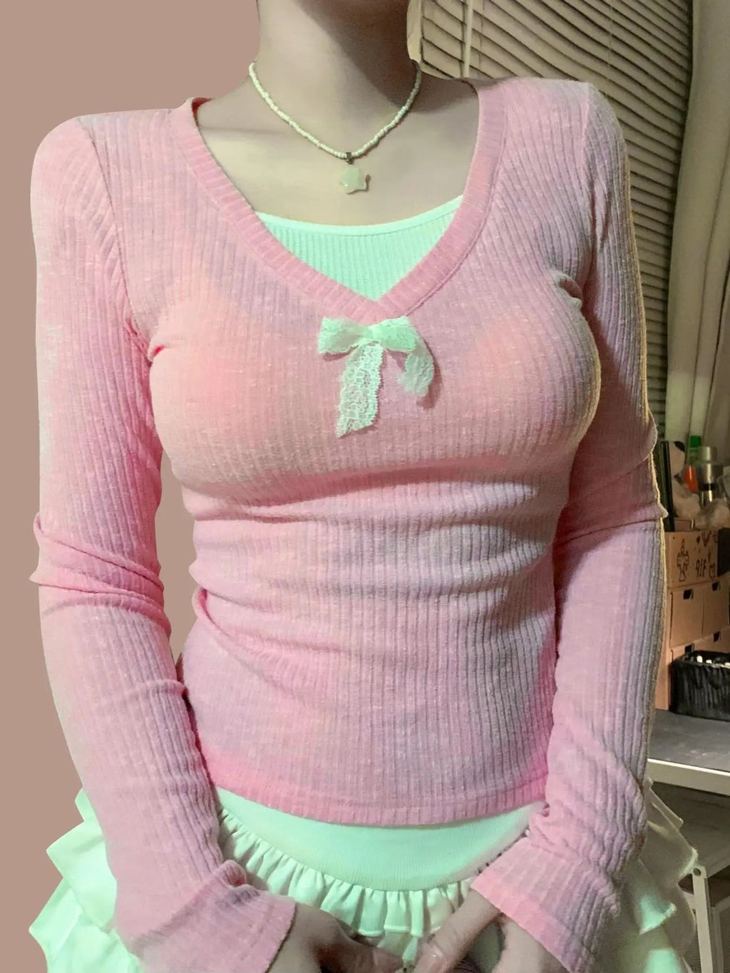 Women's 2 in 1 Ribbed Bow Decor Scoop Neck Tee, Cute Long Sleeve T-shirt for Fall, Women's Clothing for Daily Wear...