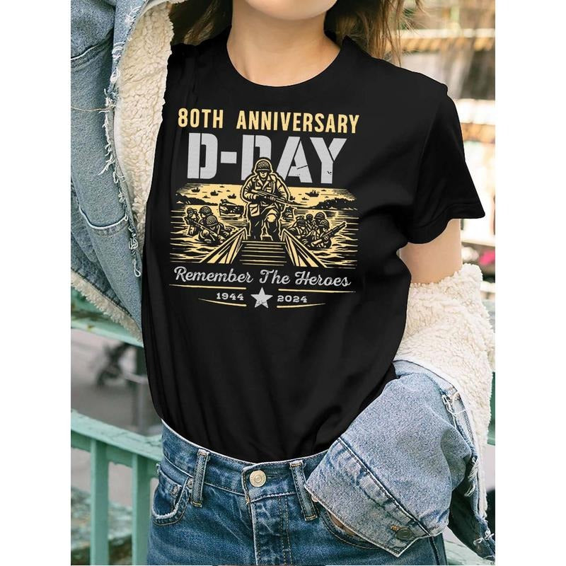 Women's 80th Anniversary D-Day Commemorative T-Shirt - Short Sleeve Casual Top with Soldier Silhouettes & Remember The...