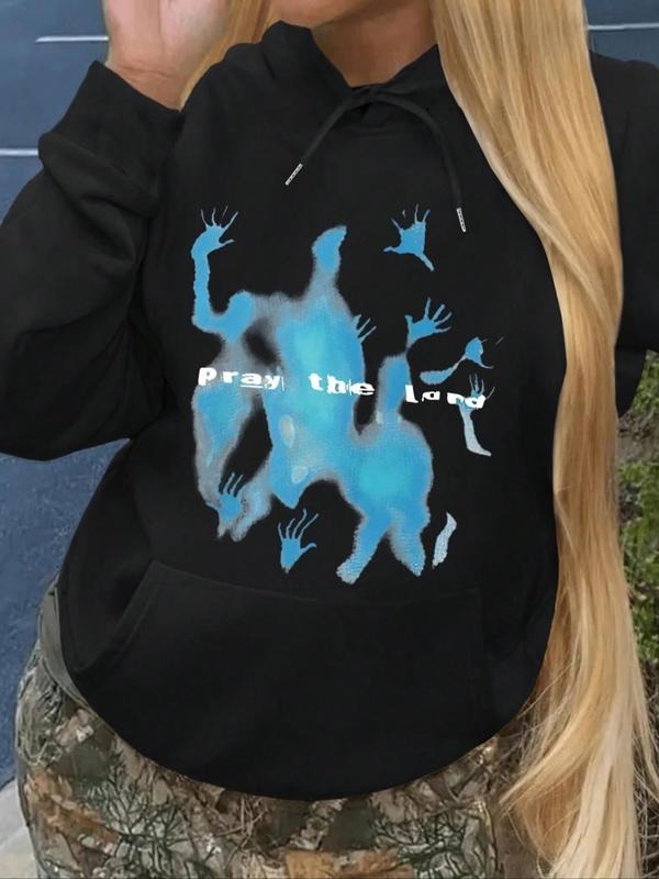 Women's Abstract Figure Print Drop Shoulder Drawstring Hoodie, Fashion Casual Pocket Hooded Sweatshirt for Daily Holiday...