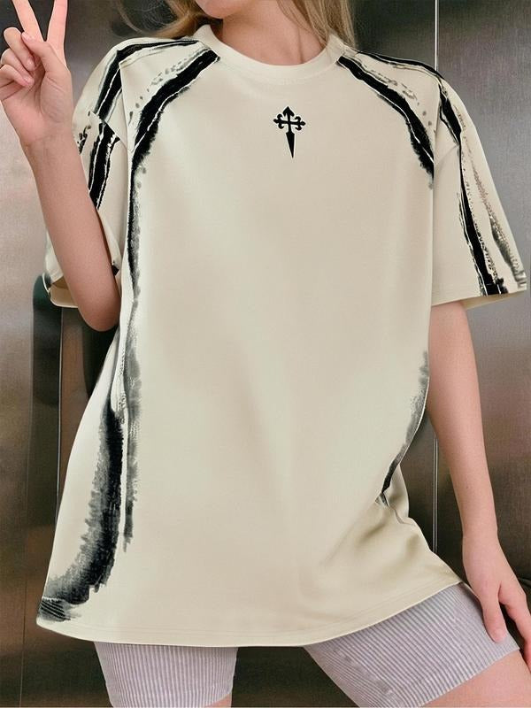 Women's Abstract Print Round Neck Tee, Casual Short Sleeve Crew Neck T-shirt for Summer, Fashion Women's Top for Daily...
