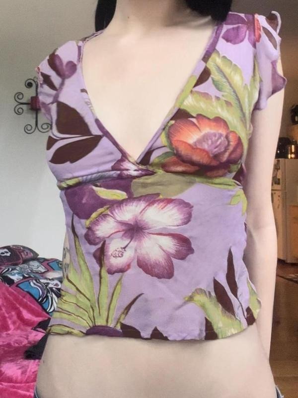 Women's All Over Floral Print  Tee, Casual Sleeveless V Neck T-shirt for Summer, Women's Top for Daily Wear Hoodie,...