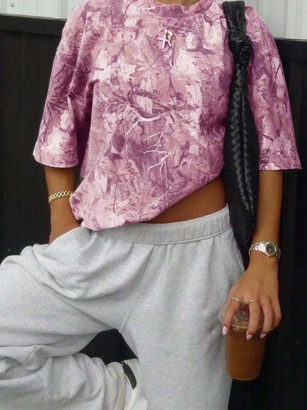 Women's All Over Print Round Neck Tee, Vintage Trendy Casual Short Sleeve T-shirt for Daily Wear, Ladies Summer Outfit,...